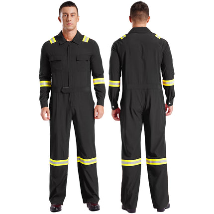 Mens Coveralls High Visibility Reflective Stripes Overalls Turn-Down Collar Long Sleeves Zipper Jumpsuits Work Mechanic Uniform