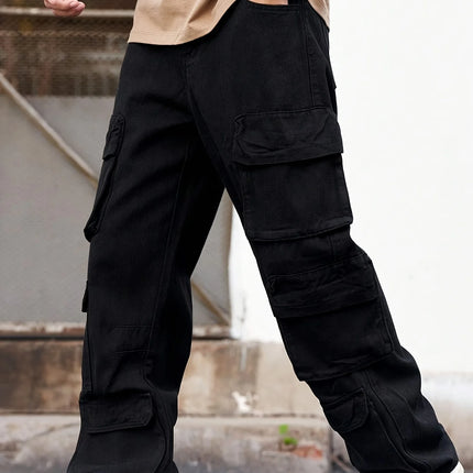 Fashionable men's denim trousers, washed workwear trousers, multi-pocket function for outdoor wear.