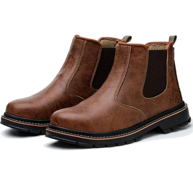 Anti Puncture Waterproof Steel Toe Safety Boots Leather Work High-heeled Leather Shoes Christmas Gift  Brown Protective Shoe