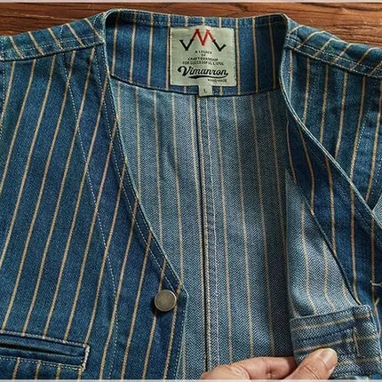 Retro American Striped Workwear Vest Waed Denim Svel Waistcoat Trendy Youth Casual V-ne Four Seasons Outerwear