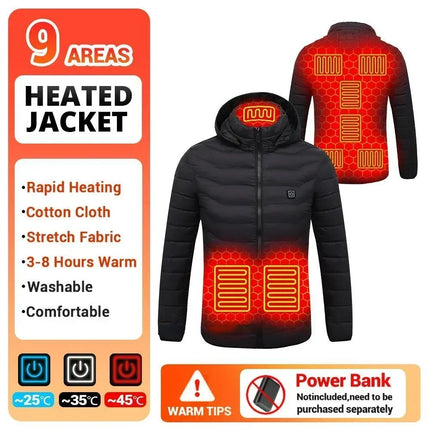 Male Intelligent Heating Workwear Jacket 2025 New USB Multi Control Fast Heating Coat Black Hooded Cotton Jacket Plus Size S-6XL