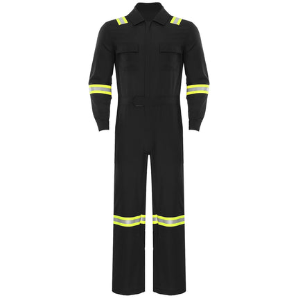 Mens Coveralls High Visibility Reflective Stripes Overalls Turn-Down Collar Long Sleeves Zipper Jumpsuits Work Mechanic Uniform