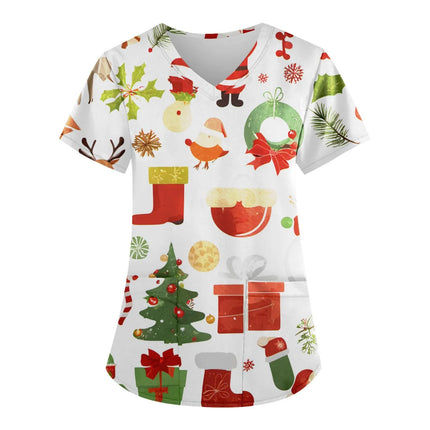 Christmas Nurse Scrubs Tops Women Medical Uniform Santa Claus Print V-Neck Nurse Uniform Hospital Healthcare Spa T-Shirt Blouse-KarWorkwear