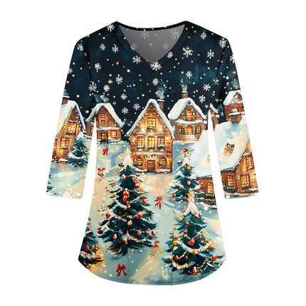 2025 Christmas Women's Scrubs Top With Fun Christmas Print 3/4 Sleeves, V-Neck Pocket, Elastic Fabric, Beauty Salon Spa Hospital-KarWorkwear