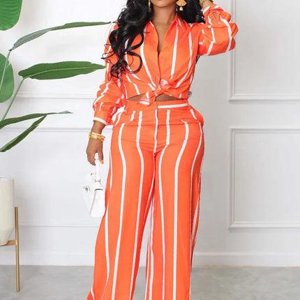 Elegant Work Wear Two Piece Set for Women Matching Sets Striped Print Shirt Top and Wide Leg Pants Office Lady Casual Outfits