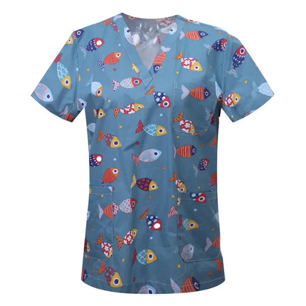 Pet Clinic Vet Work Uniforms Women Nurse Accessories Animal Printed Hospital Doctor Nursing T-Shirt Medical Scrubs Clothes Tops-KarWorkwear