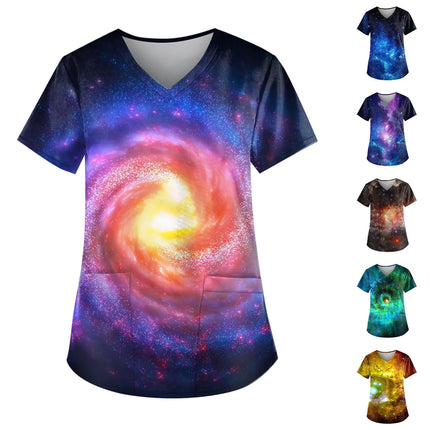 Casual Nurse Uniform Print Women Short Sleeve Tops V-Neck Blouse Shirt Pocket Beauty Care Scrub Uniforms Enfermera Mujer 2024-KarWorkwear