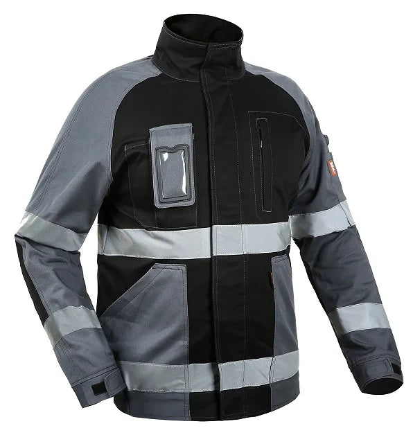 Work Jacket Men Reflective Stripes Black Gray Stitching Coveralls Outdoor CottonMulti-pockets Safety Wear-resistant Workwear