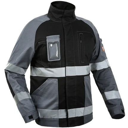 Work Jacket Men Reflective Stripes Black Gray Stitching Coveralls Outdoor CottonMulti-pockets Safety Wear-resistant Workwear