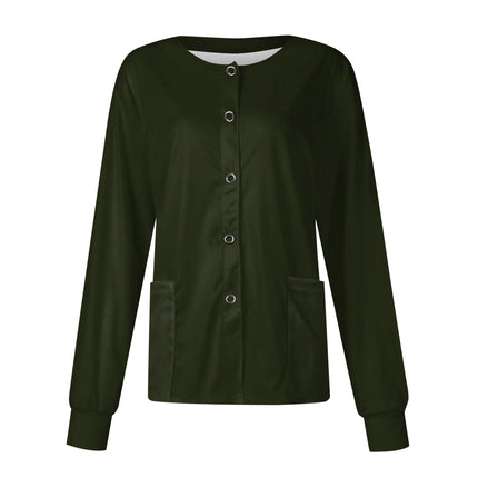 Women Long Sleeve Nurse Uniforms with Pockets Causal Round Collar Solid Single-Breasted Protective Overalls Cardigan Jackets Top