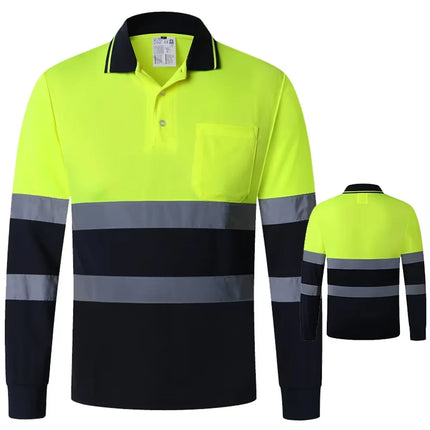 Hi Vis Workwear Shirts for Men Construction Fluorescent Yellow Navy Long Sleeve Reflective Polo Safety Work Shirt