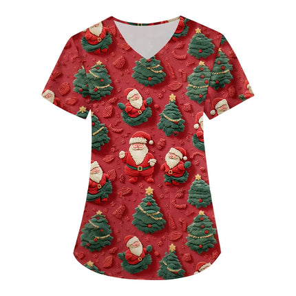 Women Nurse Uniform Christmas Thanksgiving 3d Print V-Neck Pocket Medical Uniforms Cartoon Nursing Scrubs Short Sleeve Pocket Lo-KarWorkwear