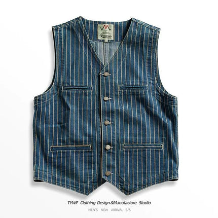 Retro American Striped Workwear Vest Waed Denim Svel Waistcoat Trendy Youth Casual V-ne Four Seasons Outerwear