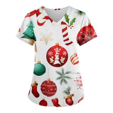 Christmas Nurse Scrubs Tops Women Medical Uniform Santa Claus Print V-Neck Nurse Uniform Hospital Healthcare Spa T-Shirt Blouse-KarWorkwear