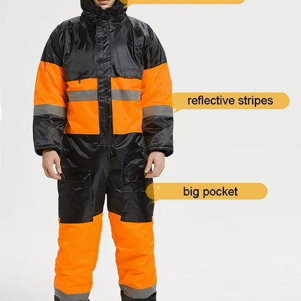 Winter Coveralls Men Waterproof Windproof Reflective Cotton Padded Hooded Coveralls Thicken Thermal Work Uniform Hi Vis Workwear