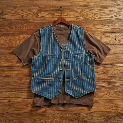 Retro American Striped Workwear Vest Waed Denim Svel Waistcoat Trendy Youth Casual V-ne Four Seasons Outerwear
