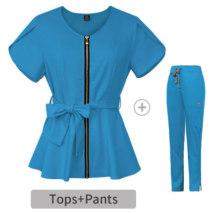 Nurse Uniform Suit Scrubs Uniforms Veterinary Work Clothes Scrub Tops Pants Women Solid Zip Short Sleeve Pockets Carer Uniform-KarWorkwear