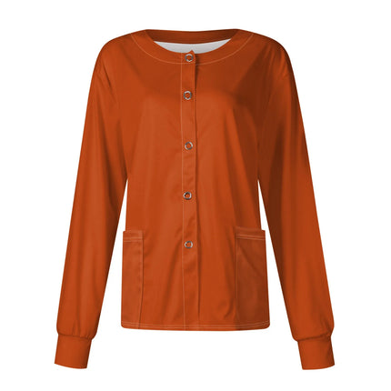 Women Long Sleeve Nurse Uniforms with Pockets Causal Round Collar Solid Single-Breasted Protective Overalls Cardigan Jackets Top