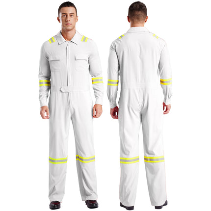 Mens Coveralls High Visibility Reflective Stripes Overalls Turn-Down Collar Long Sleeves Zipper Jumpsuits Work Mechanic Uniform