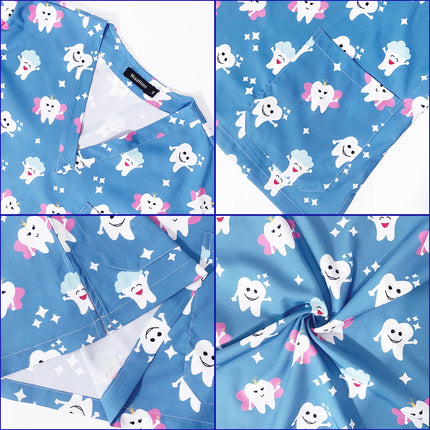 Men's Work Uniform Teeth Print Dentist Comfortable Short Sleeve Scrubs V-Neck Top Clinic Pharmacy Nursing Accessories Blouse New-KarWorkwear