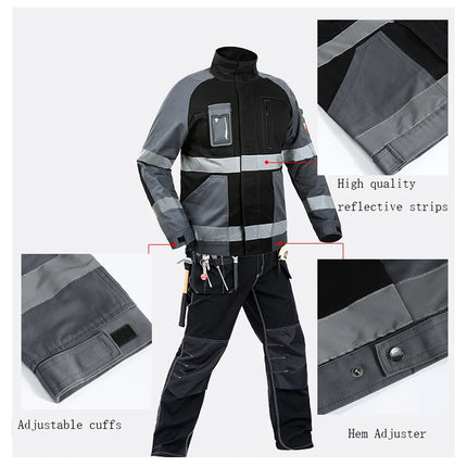 Work Jacket Men Reflective Stripes Black Gray Stitching Coveralls Outdoor CottonMulti-pockets Safety Wear-resistant Workwear