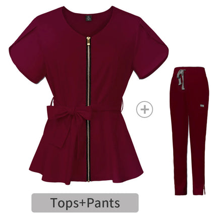 Nurse Uniform Suit Scrubs Uniforms Veterinary Work Clothes Scrub Tops Pants Women Solid Zip Short Sleeve Pockets Carer Uniform-KarWorkwear