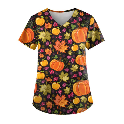 Christmas Medical Scrubs For Women Short Sleeve Pumpkin Face Print with Short Sleeve Pocket V Neck Costumes Wicked Funny Working-KarWorkwear