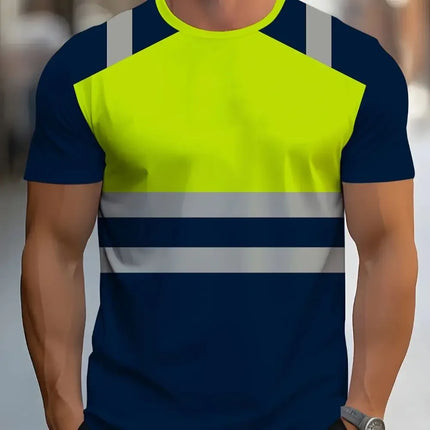 Men's 3D Digital Printed Workwear T-Shirt Yellow and Navy Contrast Design Breathable Fit Casual Shirt for Work and Daily Wear