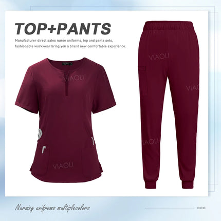 Women Scrub Set Zip-Neck Short Sleeve Scrub Top Pants Sets Nurse Uniforms Medical Nurses Accessories for Hospital Doctor Uniform-KarWorkwear