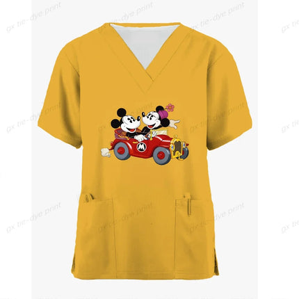 Miniso Disney Mickey Mouse 3DPrint Nurse Medical Uniforms V-neck Short Sleeve Pocket Workwear Scrubs Medical Accessories Uniform-KarWorkwear