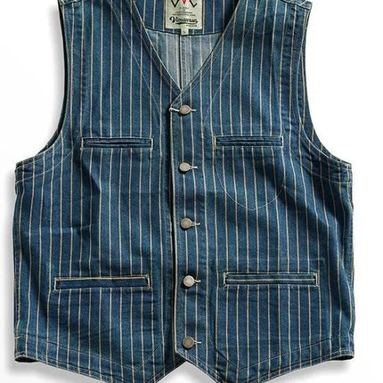 Retro American Striped Workwear Vest Waed Denim Svel Waistcoat Trendy Youth Casual V-ne Four Seasons Outerwear