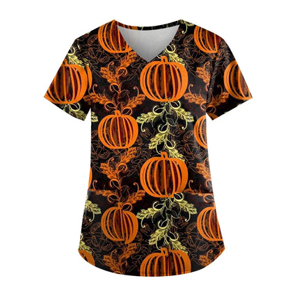 Christmas Medical Scrubs For Women Short Sleeve Pumpkin Face Print with Short Sleeve Pocket V Neck Costumes Wicked Funny Working-KarWorkwear