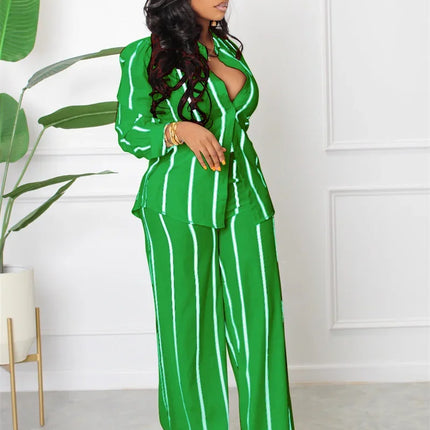Elegant Work Wear Two Piece Set for Women Matching Sets Striped Print Shirt Top and Wide Leg Pants Office Lady Casual Outfits