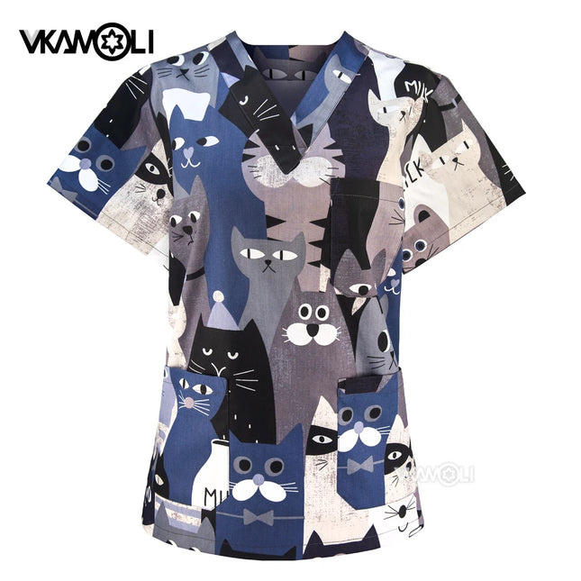 Cat print Pet hospital clinic Dentist lab medical nurse Surgical working Short sleeve Scrub tops +Jogger Pants Doctor uniforms-KarWorkwear