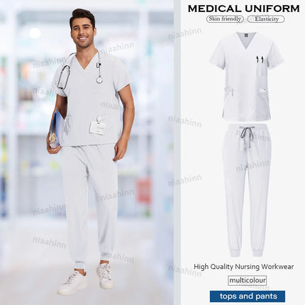 Niaahinn Medical Scrubs Uniform Nursing Articles Surgical Uniforms Woman V-neck Short Sleeved Tops Joggers Pants Sets Mens Scrub