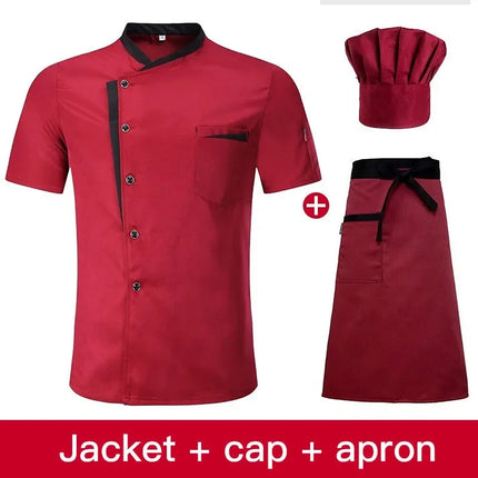Short Sleeve Chef Jacket Set Hotel Kitchen Work Uniform Cook Restaurant Cooking Shirts+Hat+Apron-KarWorkwear