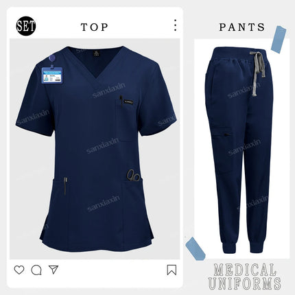 Short Sleeves V Neck Hospital Uniforms Unisex Nurse Uniform Medical Scrubs Set Doctor Surgical Scrubs Nursing Uniform Jogger Set-KarWorkwear