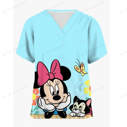 Miniso Disney Mickey Mouse 3DPrint Nurse Medical Uniforms V-neck Short Sleeve Pocket Workwear Scrubs Medical Accessories Uniform-KarWorkwear