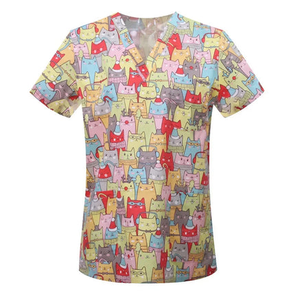 Pet Clinic Vet Work Uniforms Women Nurse Accessories Animal Printed Hospital Doctor Nursing T-Shirt Medical Scrubs Clothes Tops-KarWorkwear