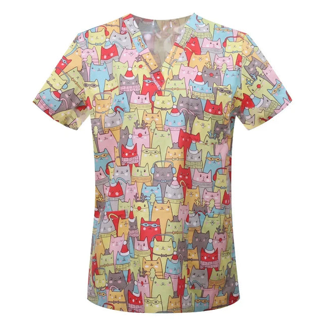 Pet Clinic Vet Work Uniforms Women Nurse Accessories Animal Printed Hospital Doctor Nursing T-Shirt Medical Scrubs Clothes Tops-KarWorkwear