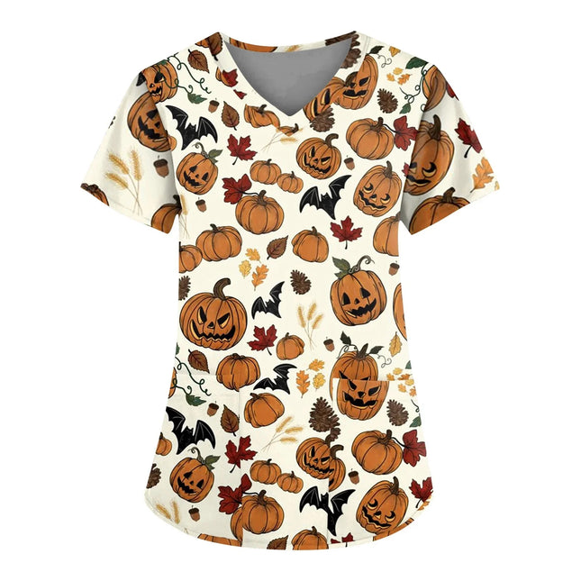 Christmas Medical Scrubs For Women Short Sleeve Pumpkin Face Print with Short Sleeve Pocket V Neck Costumes Wicked Funny Working-KarWorkwear
