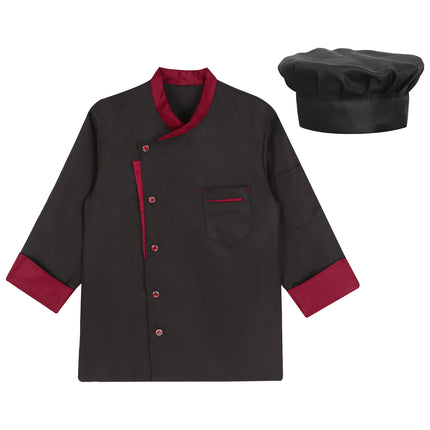 Unisex Mens Womens Chef Jacket Long Sleeve Contrast Color Coat Restaurant Kitchen Cooking Apparel Work Wear Uniform with Hat-KarWorkwear