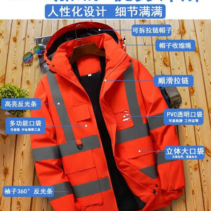 Winter Work Jacket Men, Waterproof Windproof Reflective Thermal Coat, Fleece Lined Abrasion Resistant Parka