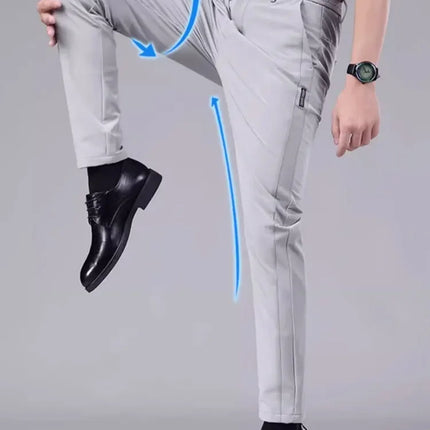 Men's casual pants, semi elastic waistband, nylon ice silk elastic straight tube, light gray, business gentleman, summer casual