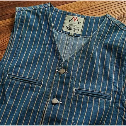 Retro American Striped Workwear Vest Waed Denim Svel Waistcoat Trendy Youth Casual V-ne Four Seasons Outerwear
