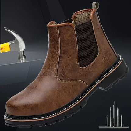 Anti Puncture Waterproof Steel Toe Safety Boots Leather Work High-heeled Leather Shoes Christmas Gift  Brown Protective Shoe