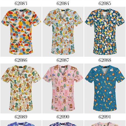 Niaahinn Gray Owl Printing Spa Uniform Women Beauty and Health Scrub Tops Beauty Salon Work Uniform Beauty Salon Scrubs Workwear-KarWorkwear