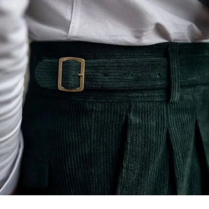 Italian Style Corduroy Naples Suit Pants Men High-waisted Adjustable Belt Straight Trousers Autumn  England Business Casual Pant
