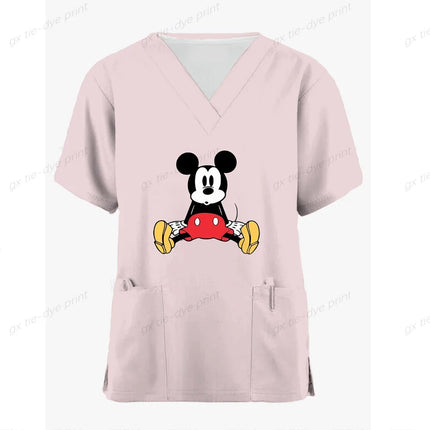 Miniso Disney Mickey Mouse 3DPrint Nurse Medical Uniforms V-neck Short Sleeve Pocket Workwear Scrubs Medical Accessories Uniform-KarWorkwear