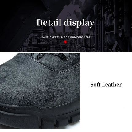 Black Leather Winter Fashion 2023 Rotating Buttons Safety Shoes Men Waterproof Work Boots Men Anti-puncture Protective Footwear-KarWorkwear